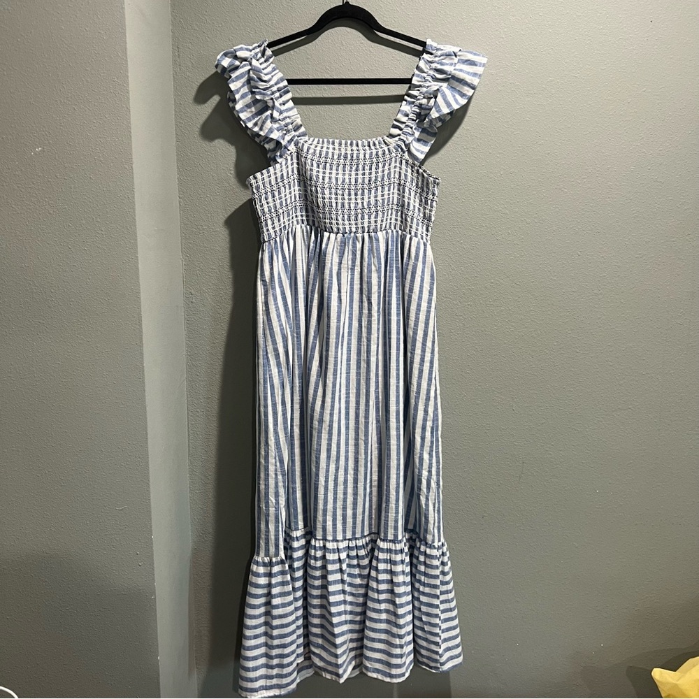 Blue & White Striped Ruffle-Shoulder Midi Dress